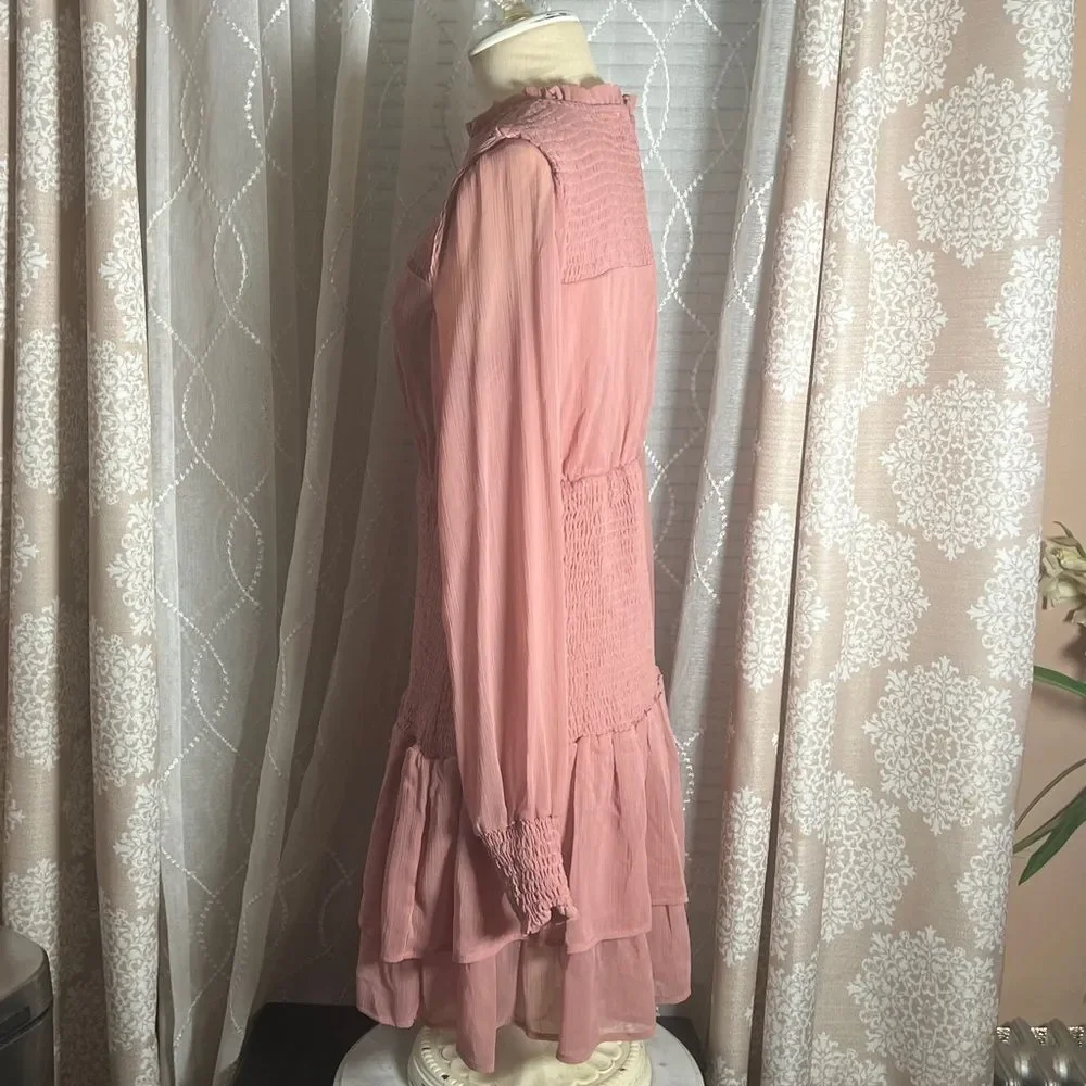 Fashion Nova Pink Long Sleeve Smocked Ruffle Dress – Size Large 🌸